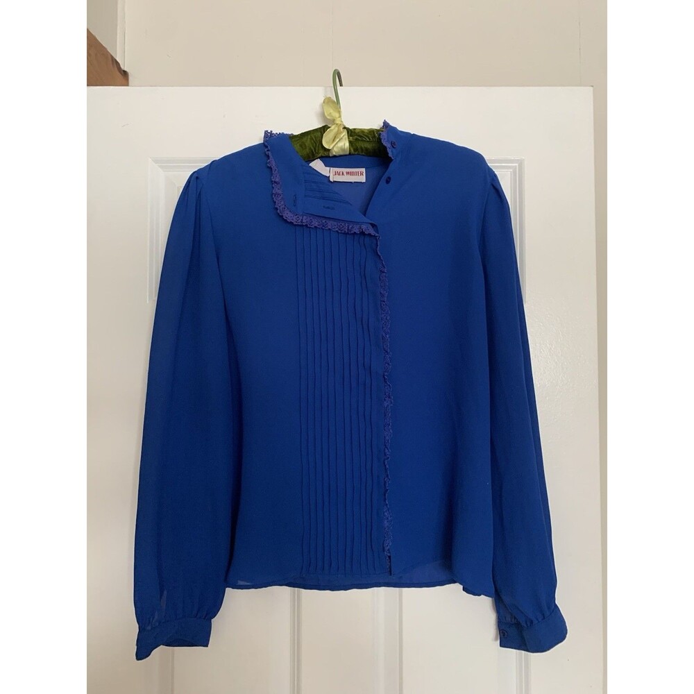 Vintage 80s polyester blouse, royal blue, Jack winter Size Large Lace Button Up
